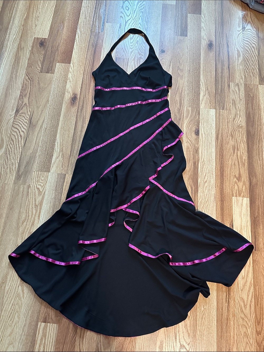 Black Halter Midi Dress with Pink Trim